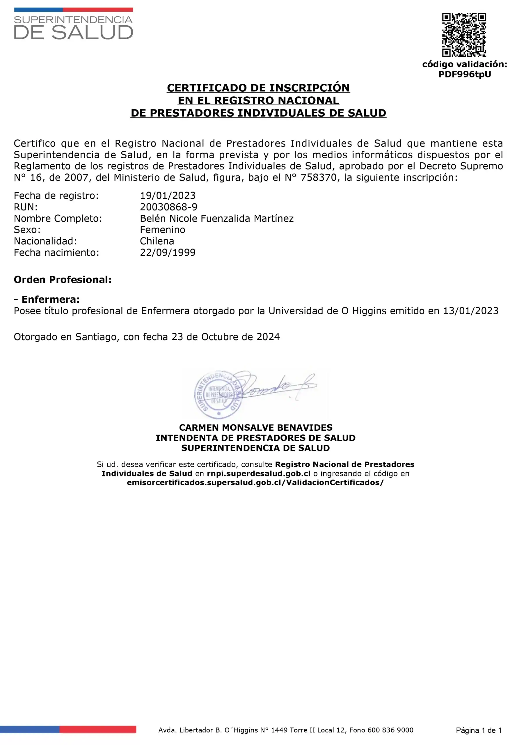 Registro Superintendencia de Salud Belén Fuenzalida